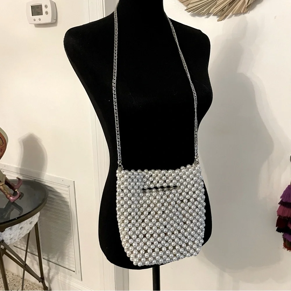 ZARA Bag with White Faux Pearls & Silver Beads Crossbody Handbag! New condition - Picture 4 of 13